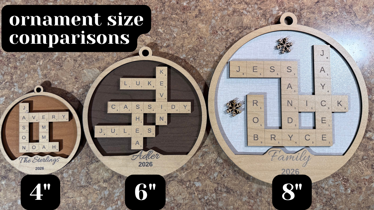 Personalized family ornaments shown side by side in 4-inch, 6-inch, and 8-inch sizes