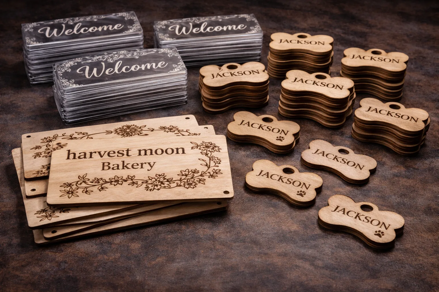 Small batch production of engraved wood signs and dog bone tags