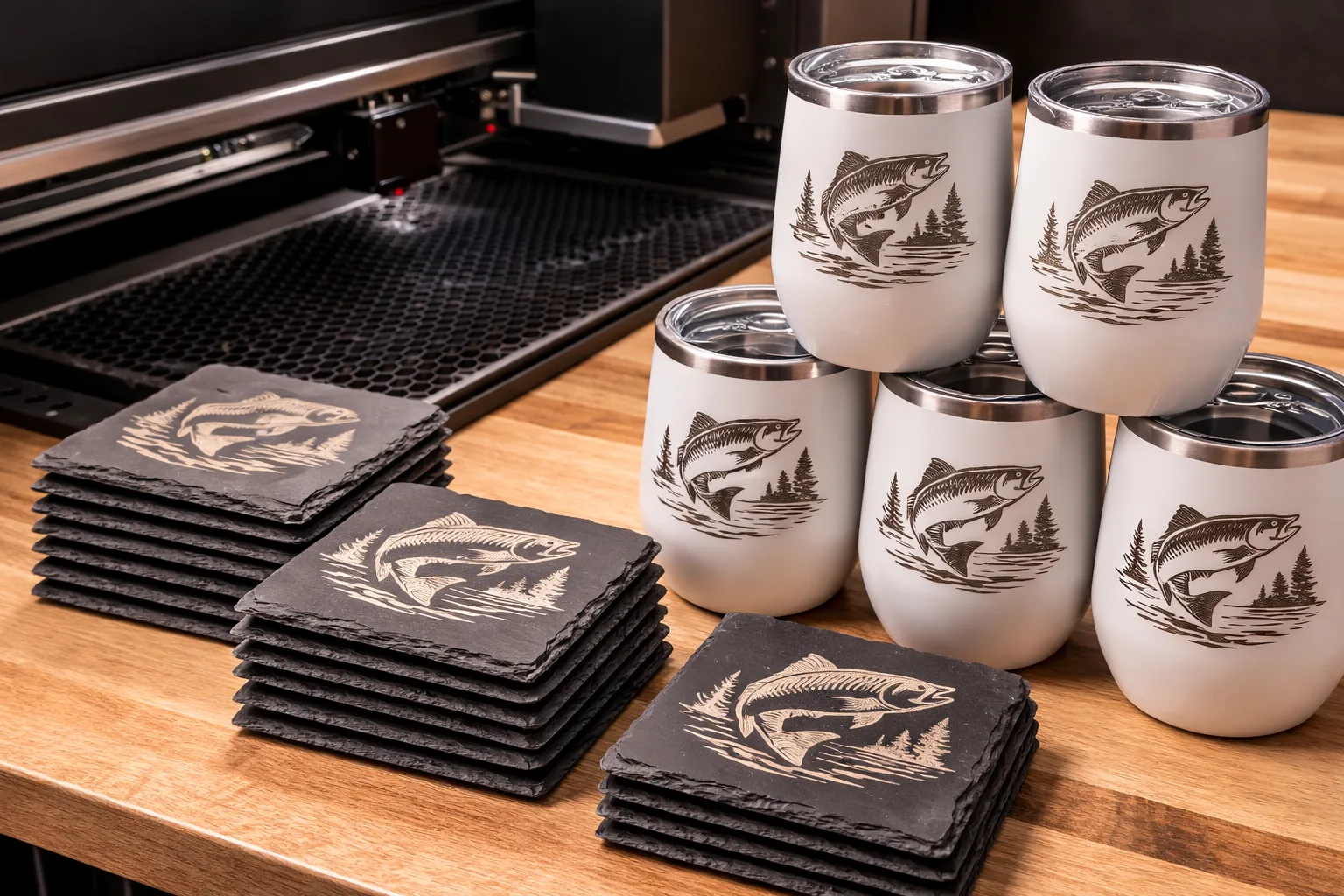 Batch production of engraved tumblers and slate coasters with fish design