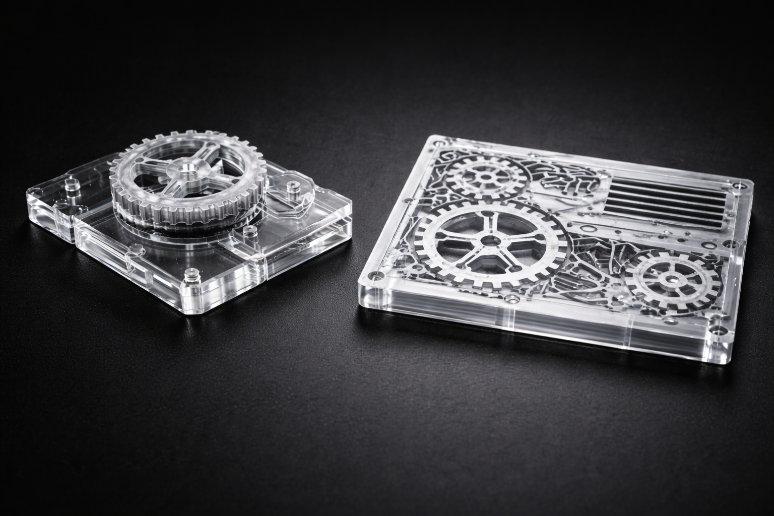 Precision laser cut acrylic gear assemblies by Red Laser Studio