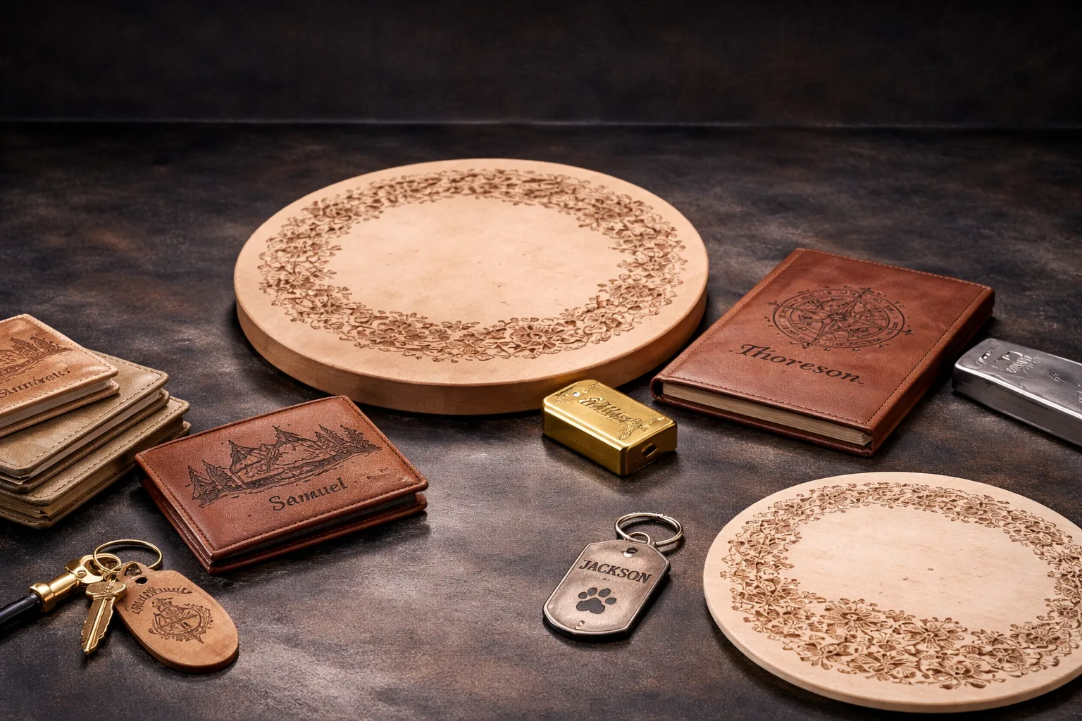 Engraved leather wallets, wood rounds, metal tags, and journals