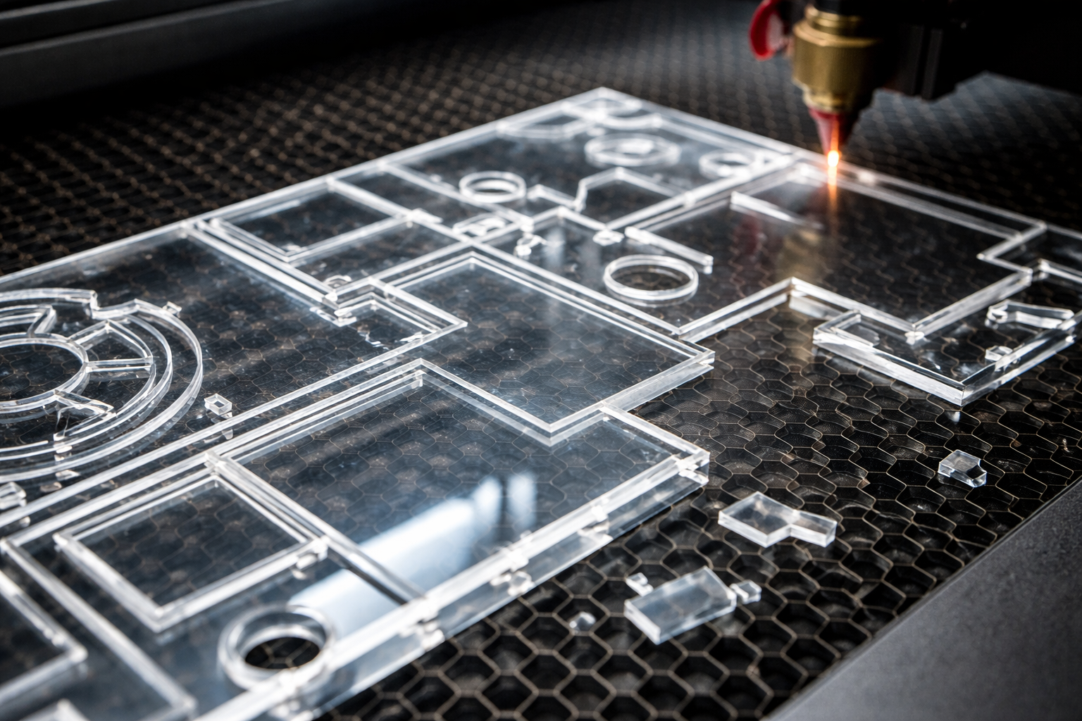 Laser cutting acrylic on a honeycomb bed at Red Laser Studio