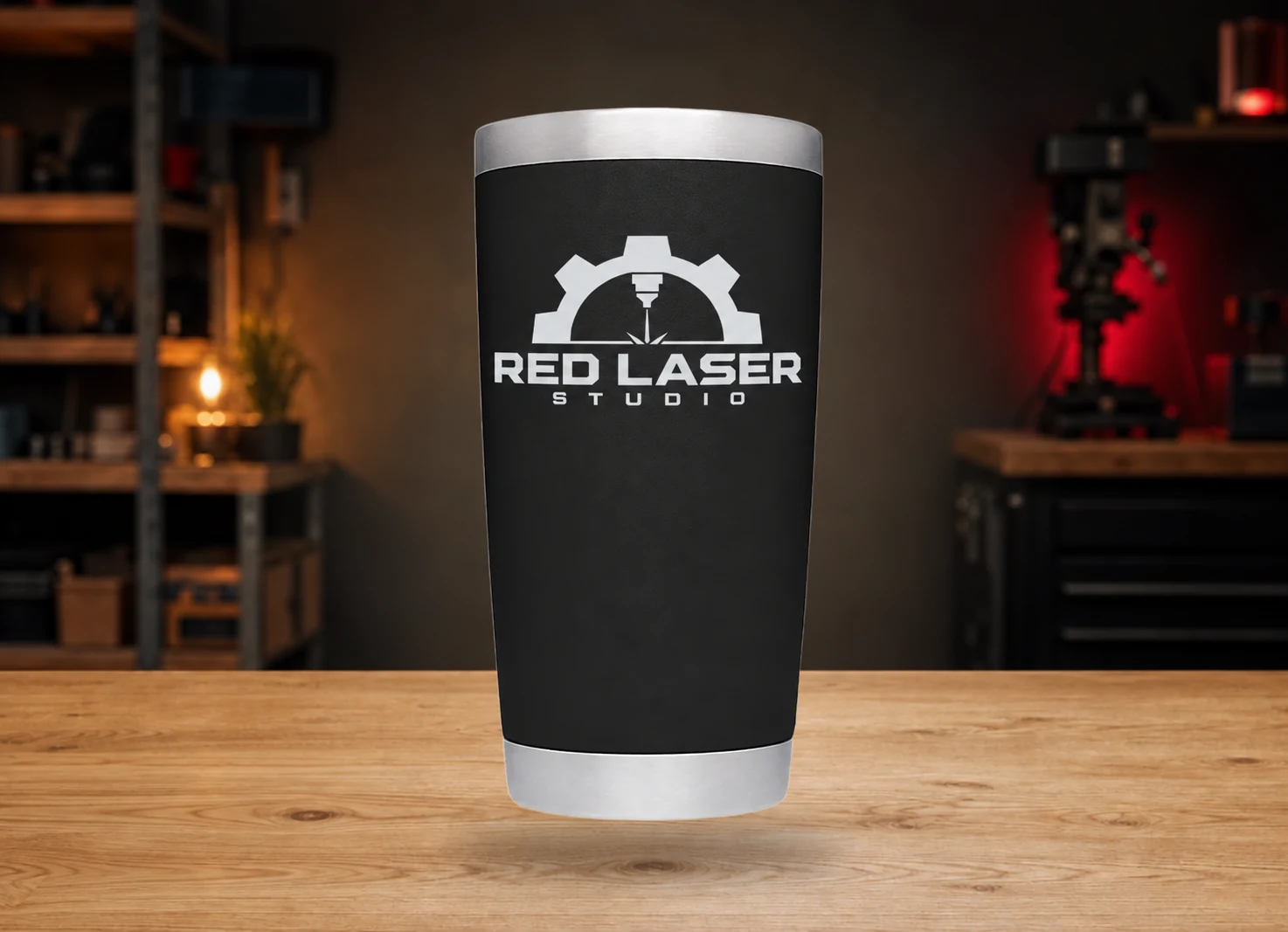 Black insulated tumbler engraved with the Red Laser Studio logo on a workshop table