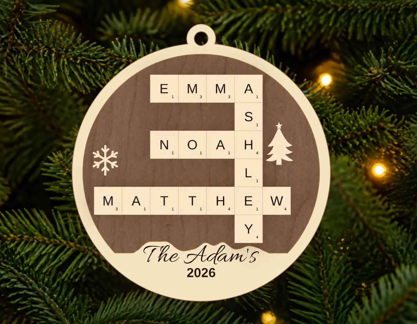 Round wood-grain family ornament personalized with connected names