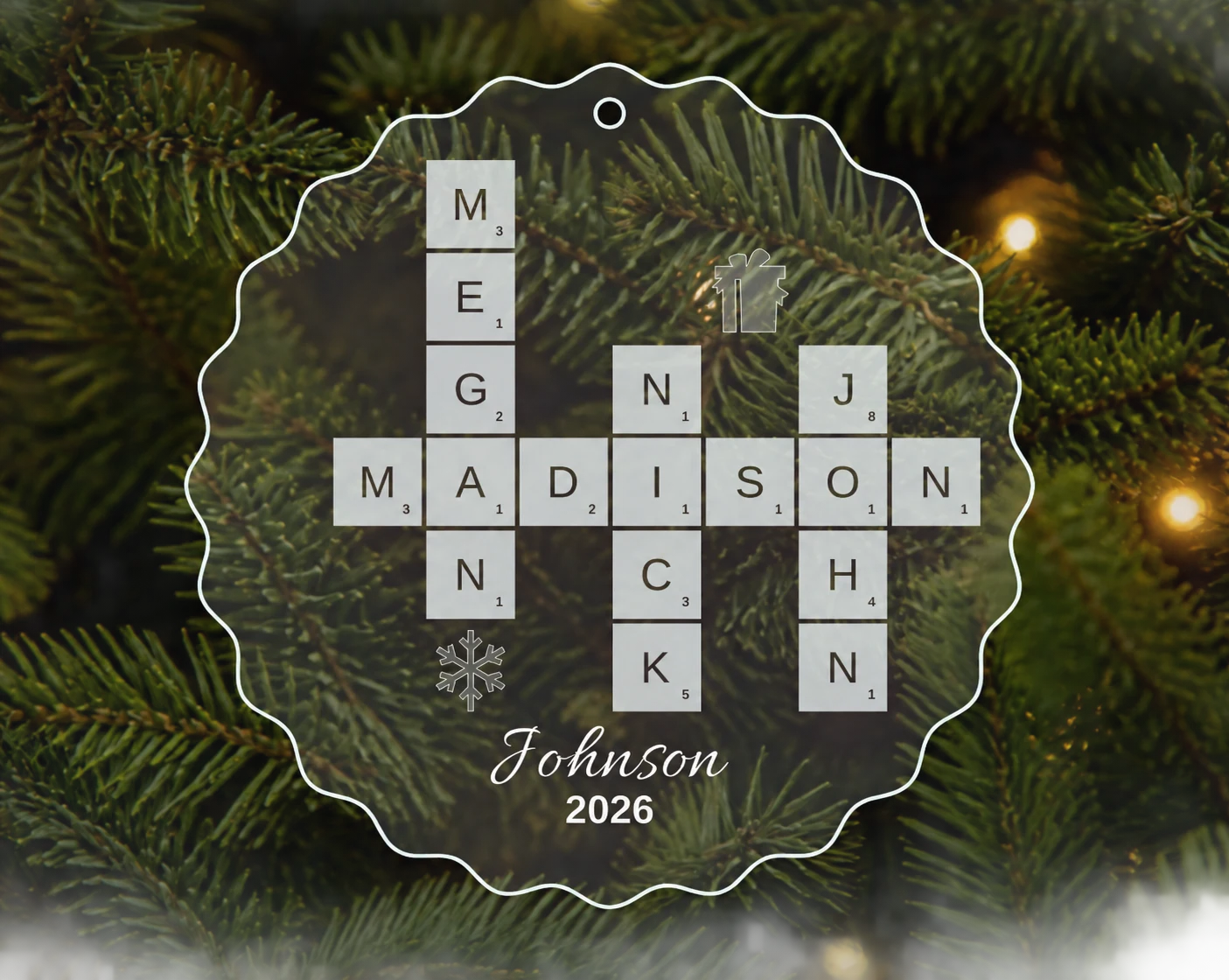 Clear acrylic family ornament with frosted crossword names