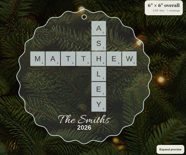 Digital preview of a personalized clear acrylic family crossword ornament