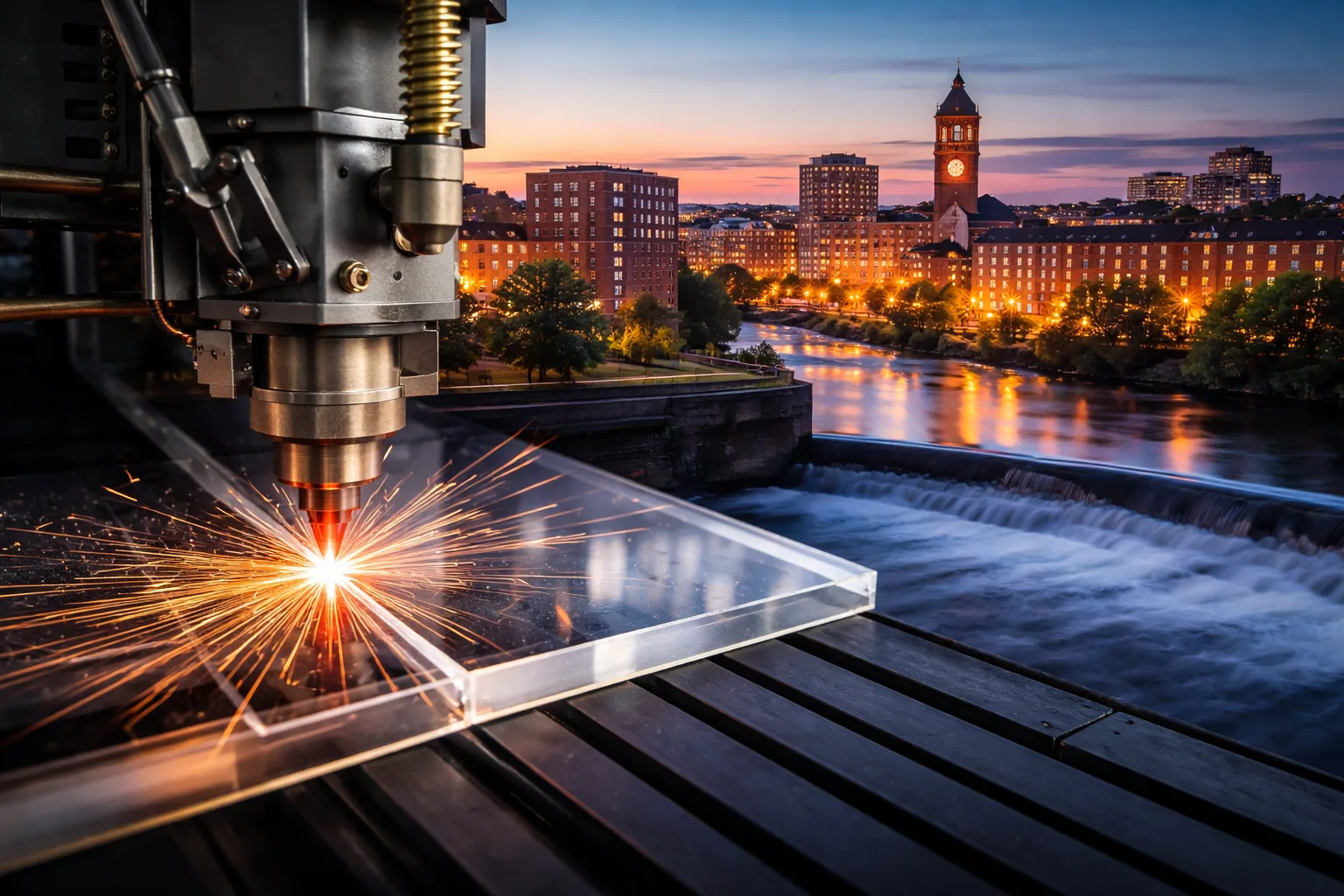Laser cutting acrylic with Manchester NH skyline at sunset