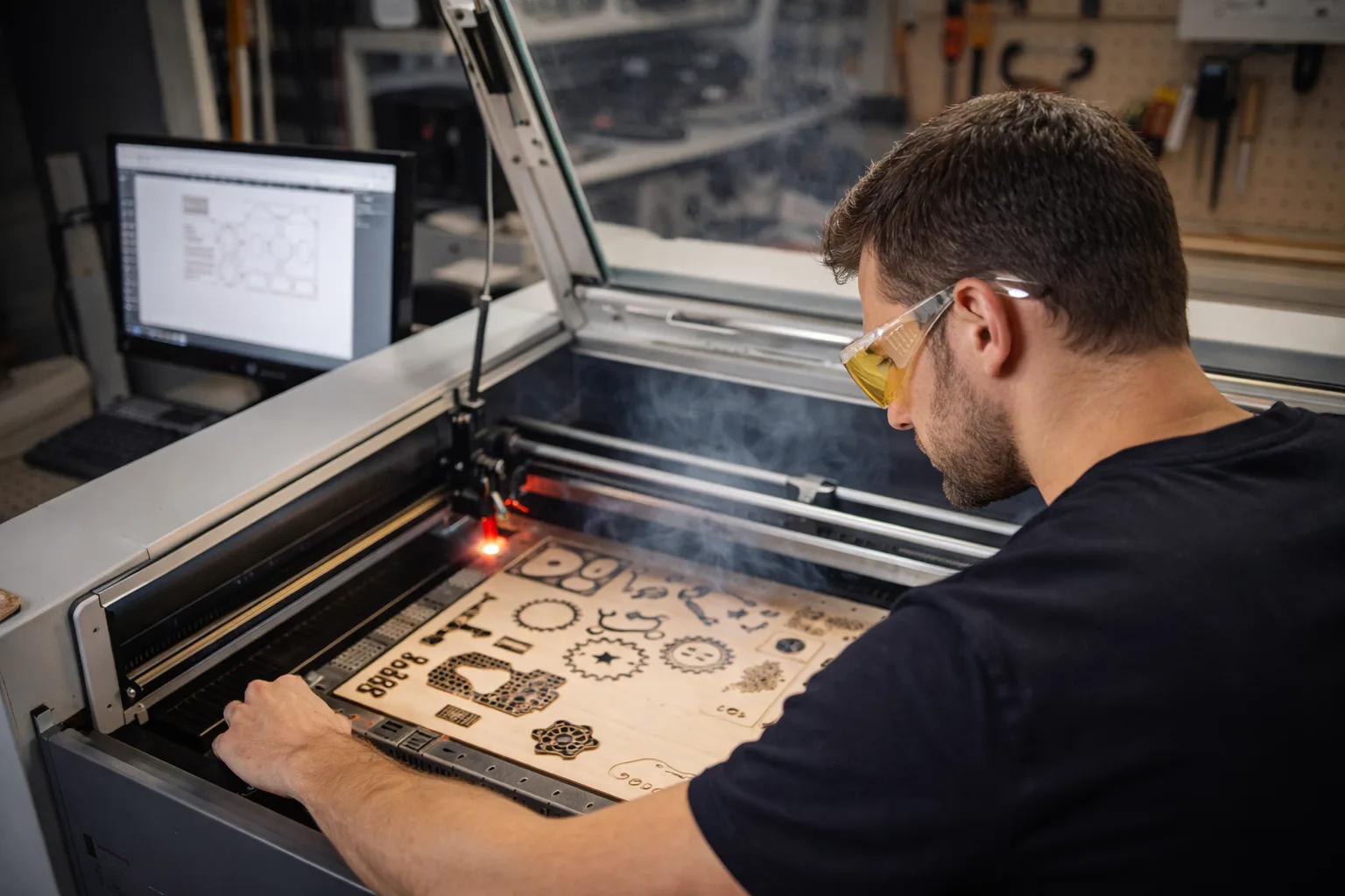 Laser cutting machine in action cutting wood pieces