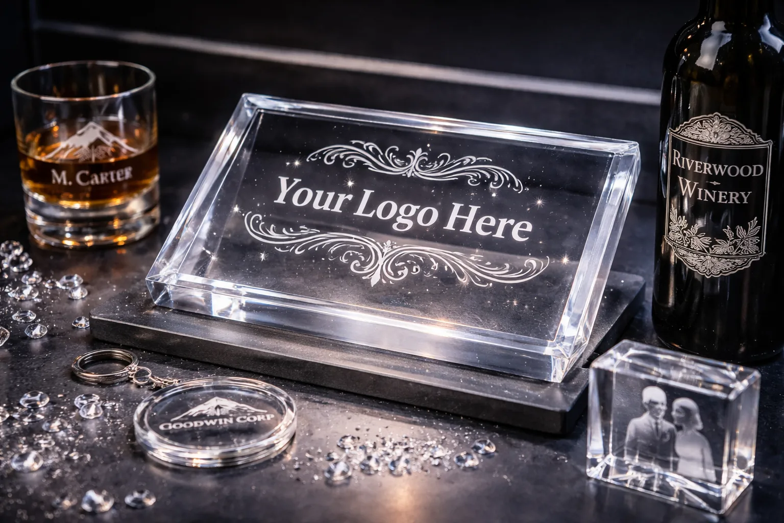 Laser engraved crystal plaque, glass, keychain, and wine bottle