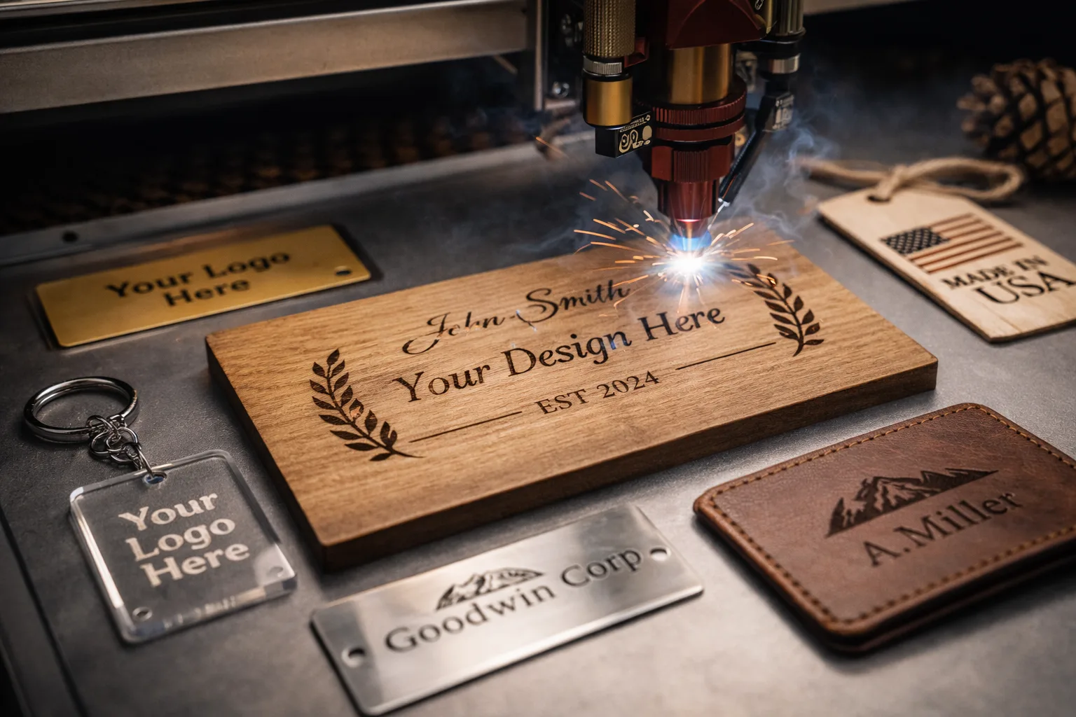 Laser engraved wood plaque, acrylic keychain, metal tag, and leather patch