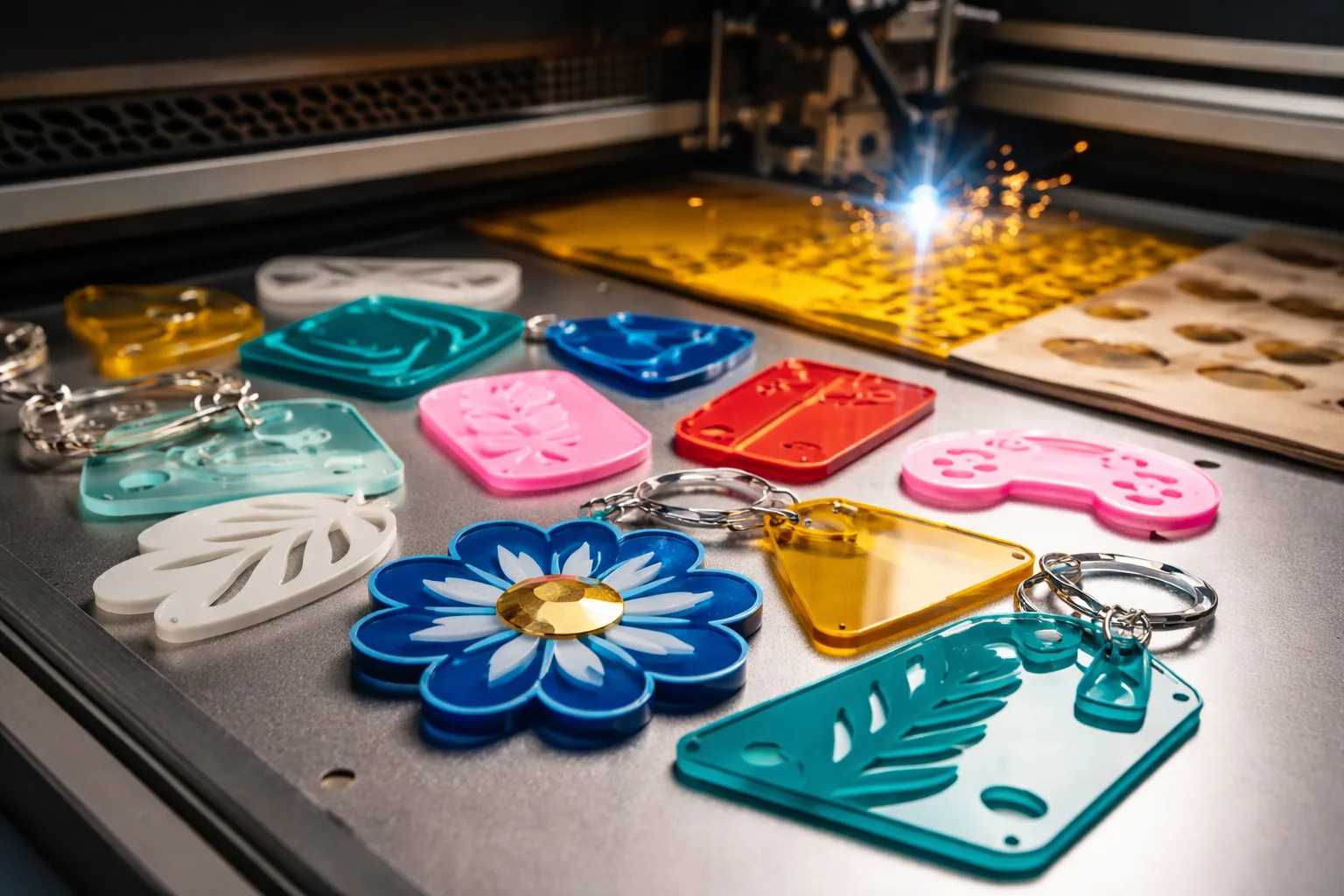 Colorful laser cut acrylic keychains and shapes on a laser cutter bed