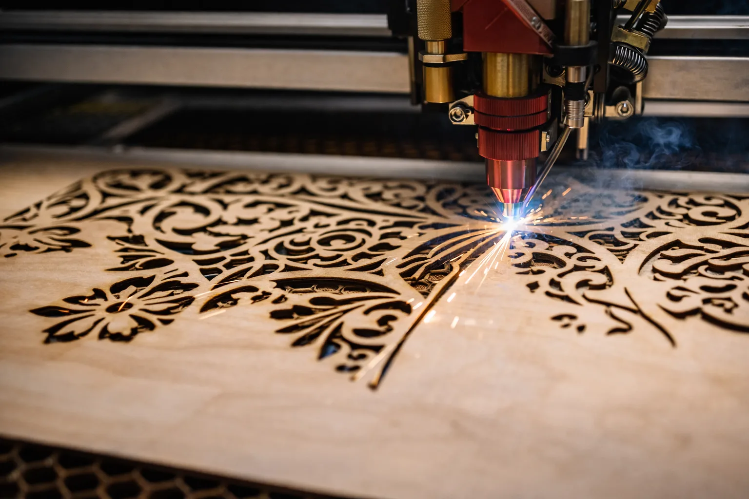 Laser cutter cutting intricate ornamental patterns in wood