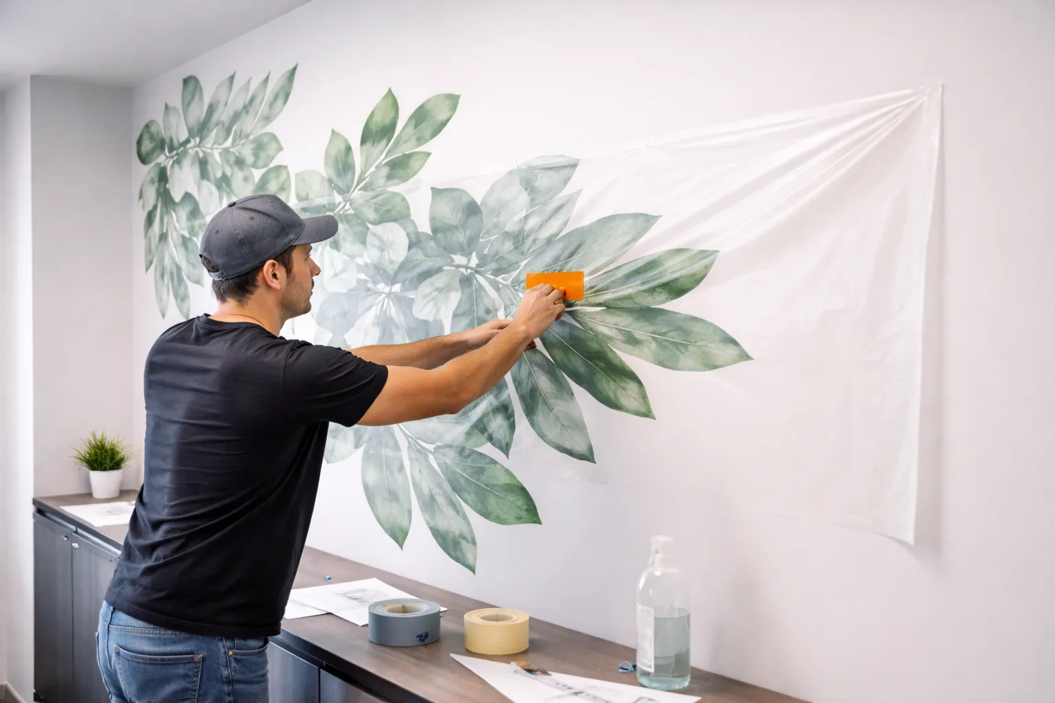 Vinyl wall graphic application in progress